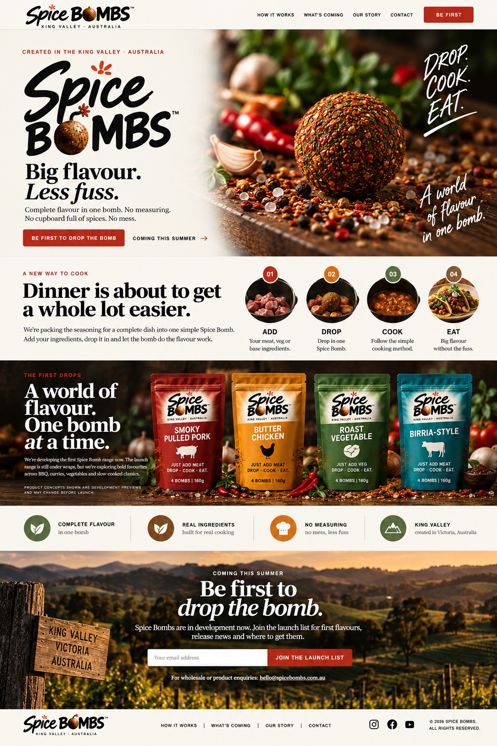 Spice Bombs — Big Flavour. Less Fuss. Coming this summer from the King Valley, Australia.